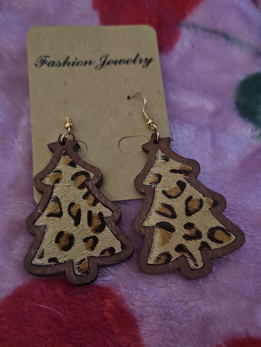Fashion Jewelry Leopard-Print Gold-Tone Wooden Tree Earrings